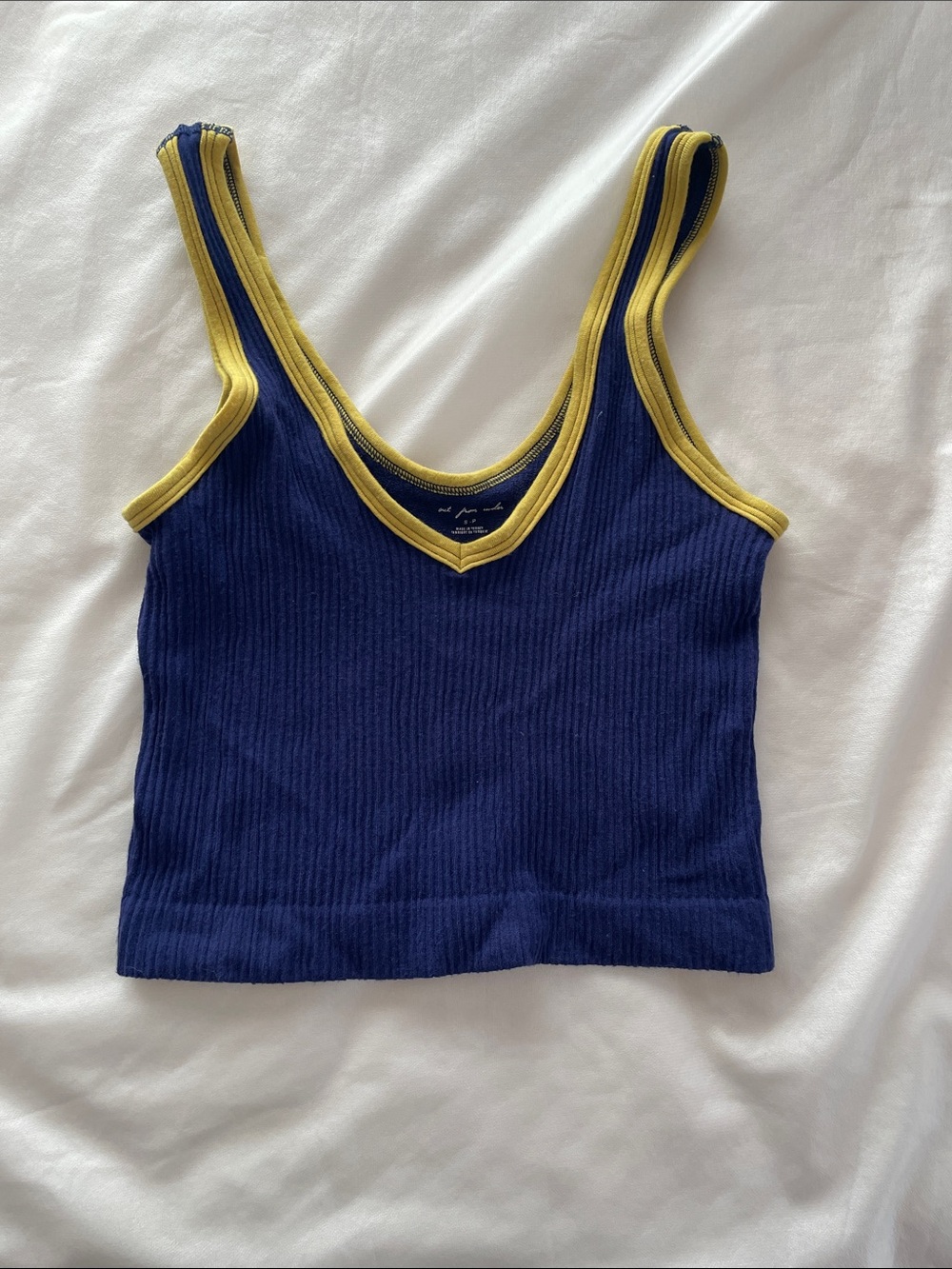 Urban Outfitters Navy Ribbed V‑Neck Tank with Yellow Trim